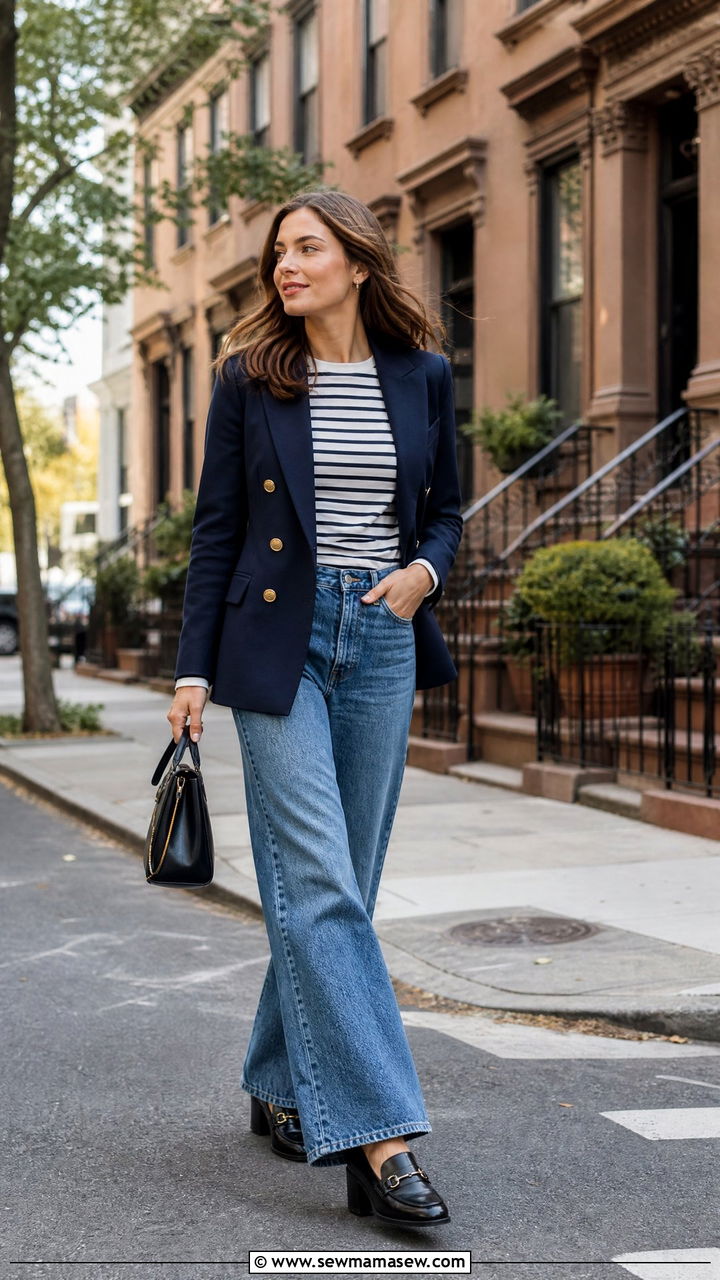 Navy Blazer With Striped Shirt And Wide Leg Jeans - 35 Ivy league outfit ideas