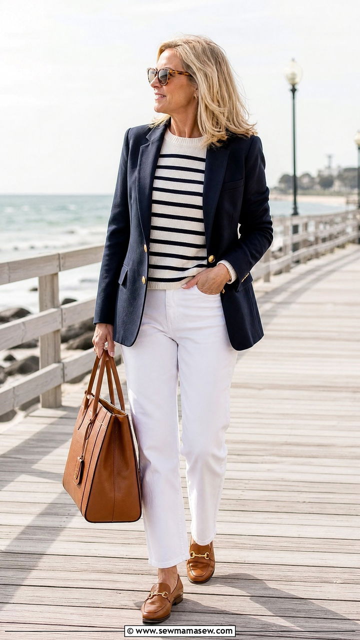 Navy Blazer With Striped Sweater and White Jeans - 25 Fashion over 50 outfit ideas