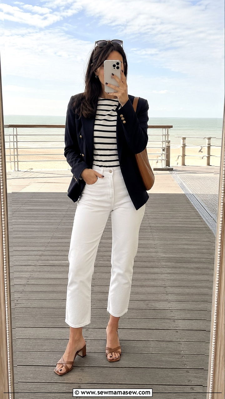 Navy Blazer With Striped Tee And Cropped White Jeans - 30 Parisian capsule wardrobe 2026