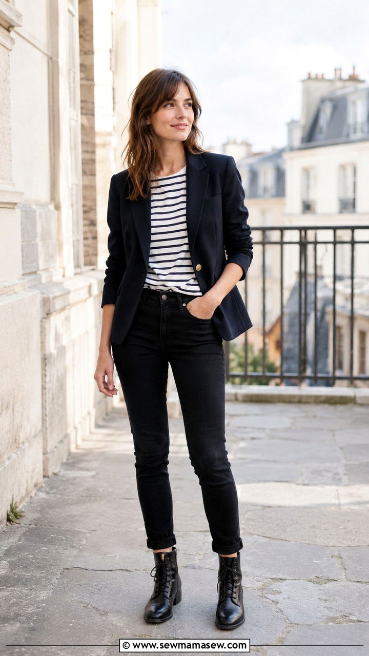 Navy Blazer With Striped Tee And Slim Black Jeans - 20 French girl outfit ideas Caroline de Maigret