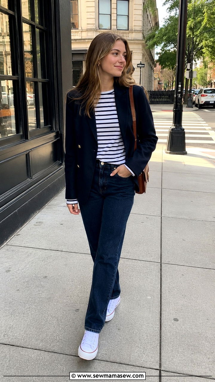 Navy Blazer With Striped Tee And White Sneakers - 25 Preppy outfit ideas for teens