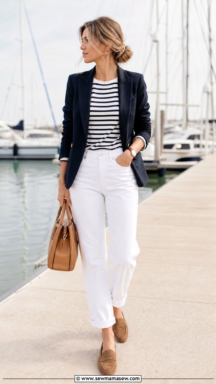 Navy Blazer With Striped Tee and White Jeans Messy Bun - 25 French girl outfit ideas with messy bun