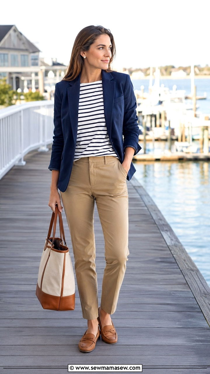 Navy Blazer With Striped Top and Chinos - 20 coastal grandmother outfits to copy