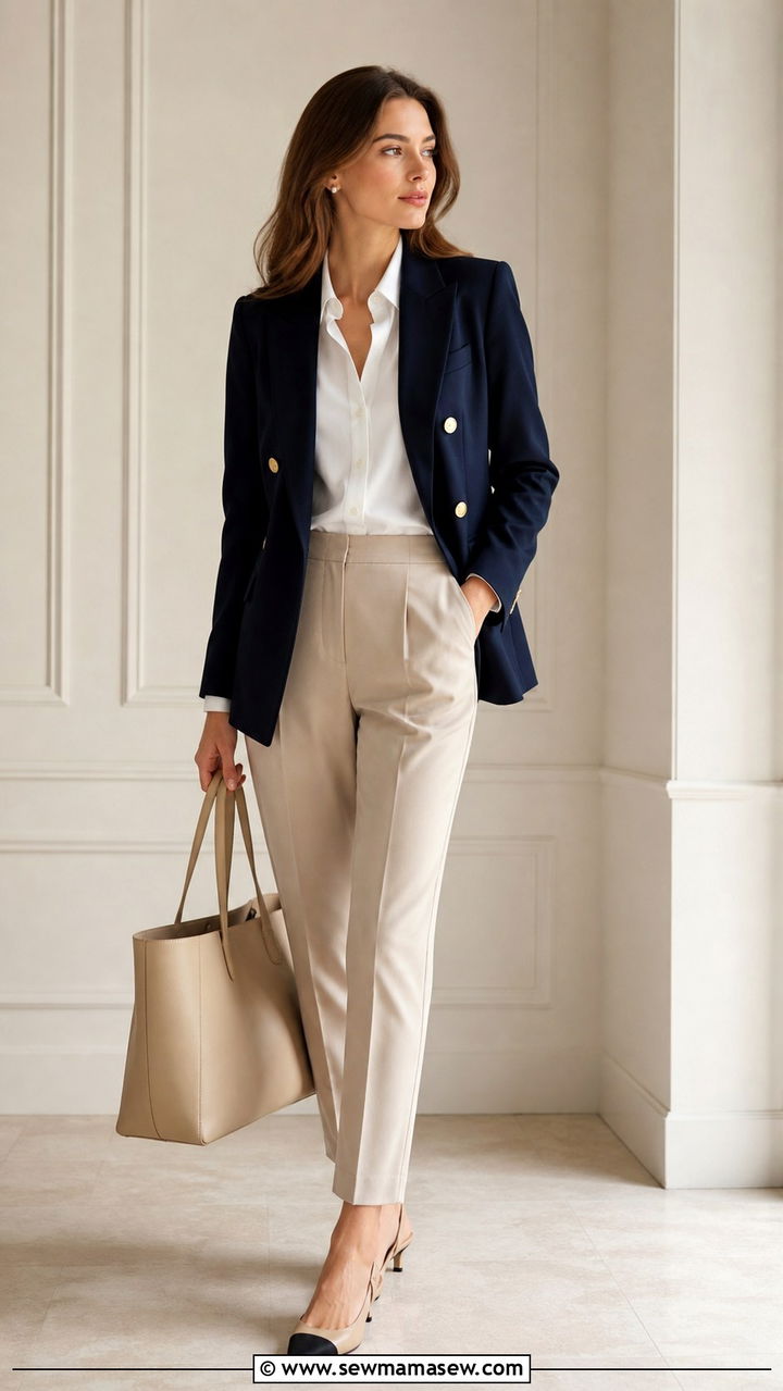 Navy Blazer With White Blouse And Beige Trousers - 40 old money outfits