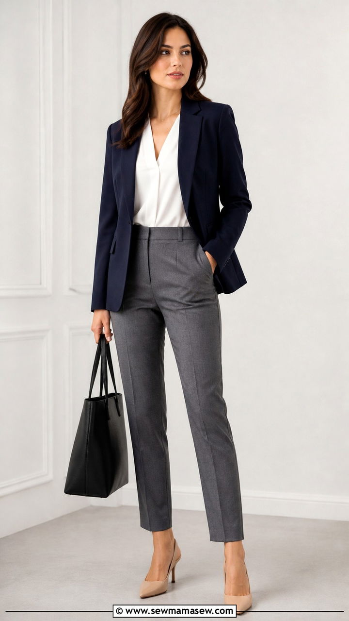 Navy Blazer With White Blouse And Gray Trousers - 40 work outfits
