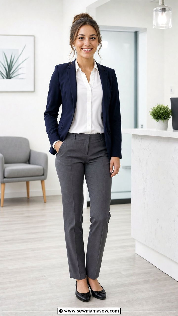 Navy Blazer With White Blouse And Grey Dress Slacks - 25 Dental assistant outfit ideas