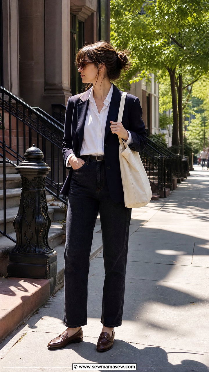 Navy Blazer With White Button Down And Dark Jeans Outfit - 30 Dark academia spring outfits