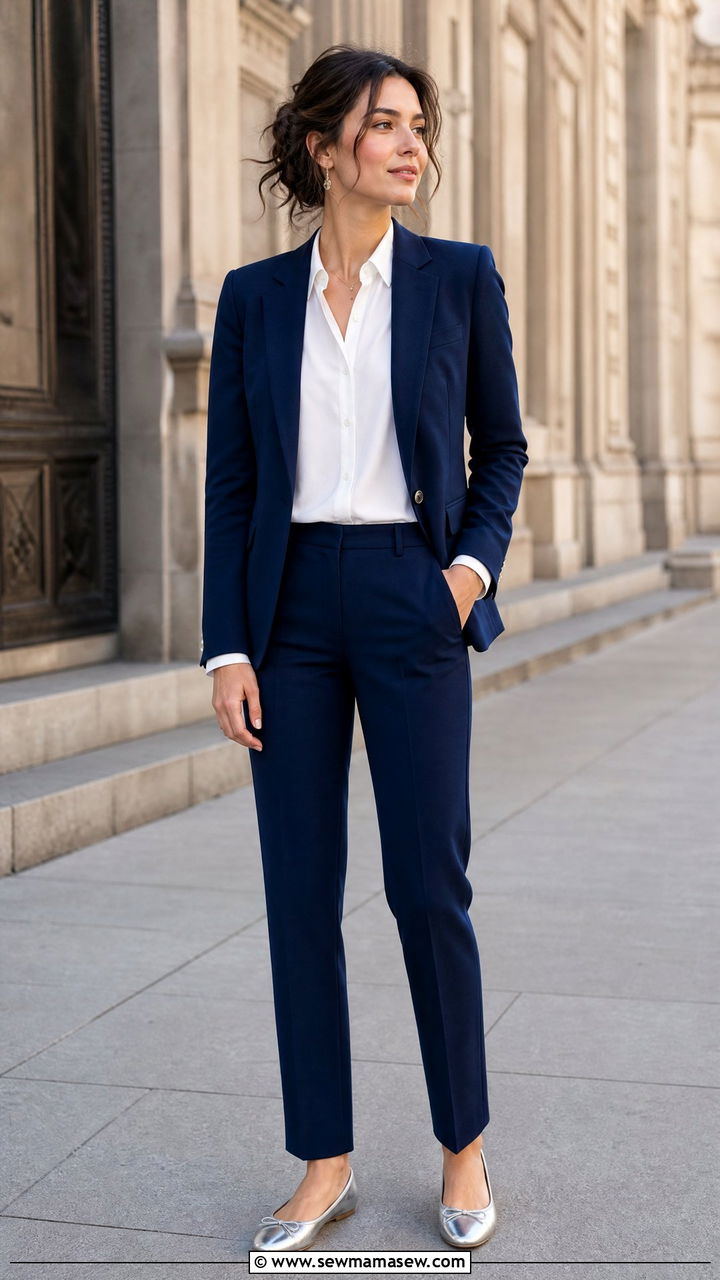 Navy Blazer With White Button Down And Tailored Trousers - 25 Hanukkah outfit ideas