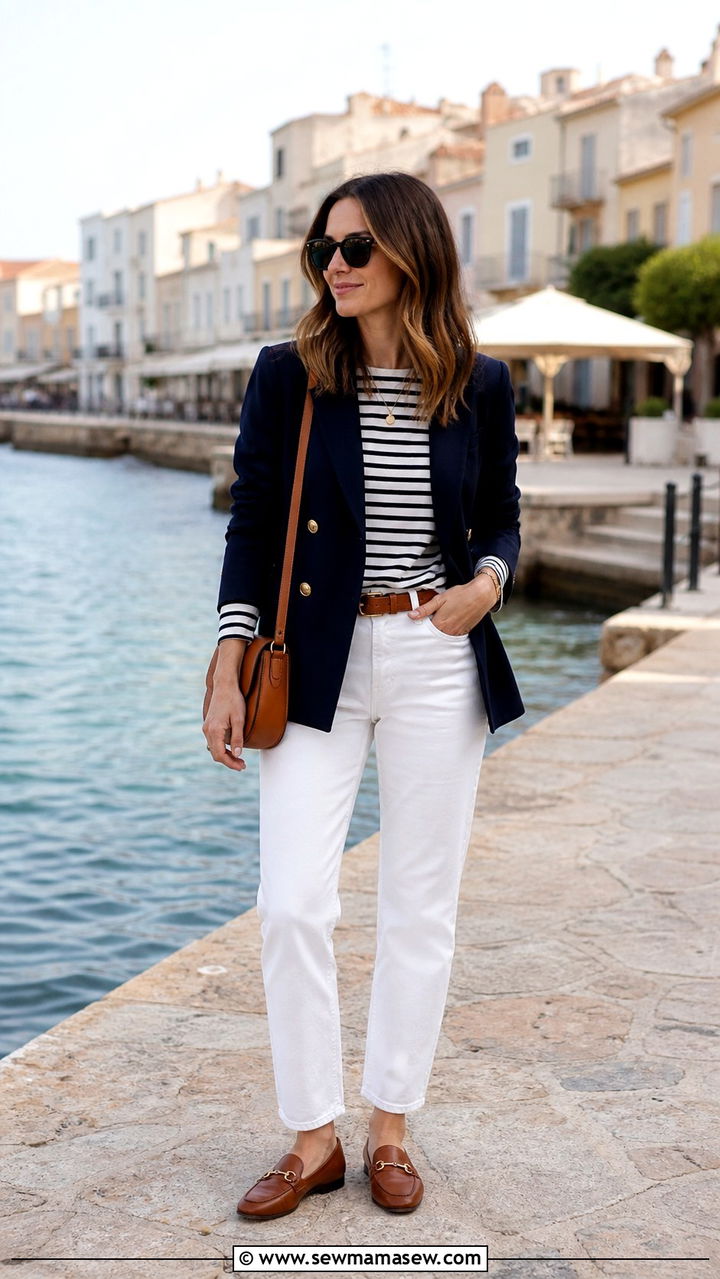 Navy Blazer With White Jeans And Striped Breton Top - 40 Timeless outfit ideas