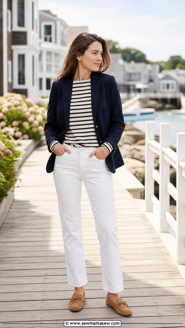 Navy Blazer With White Jeans And Striped Top - 35 Ivy league outfit ideas