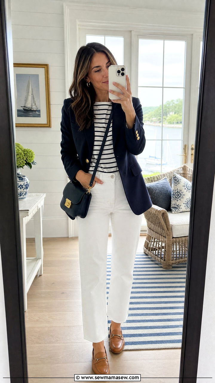 Navy Blazer With White Jeans and Striped Top - 25 classy classy outfits