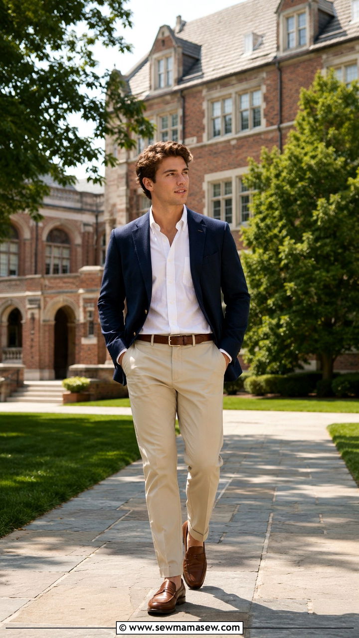 Navy Blazer With White Linen Shirt And Beige Chinos - 30 classy college outfits