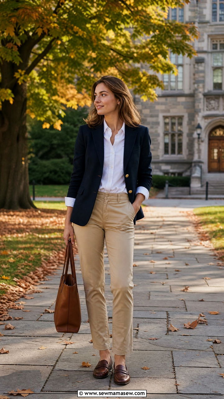 Navy Blazer With White Oxford Shirt And Khaki Chinos - 35 Ivy league outfit ideas