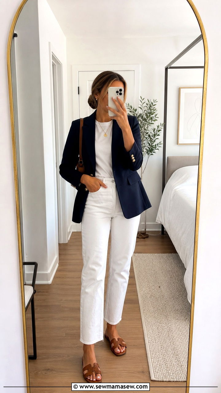 Navy Blazer With White Straight Leg Jeans - 40 summer preppy outfits