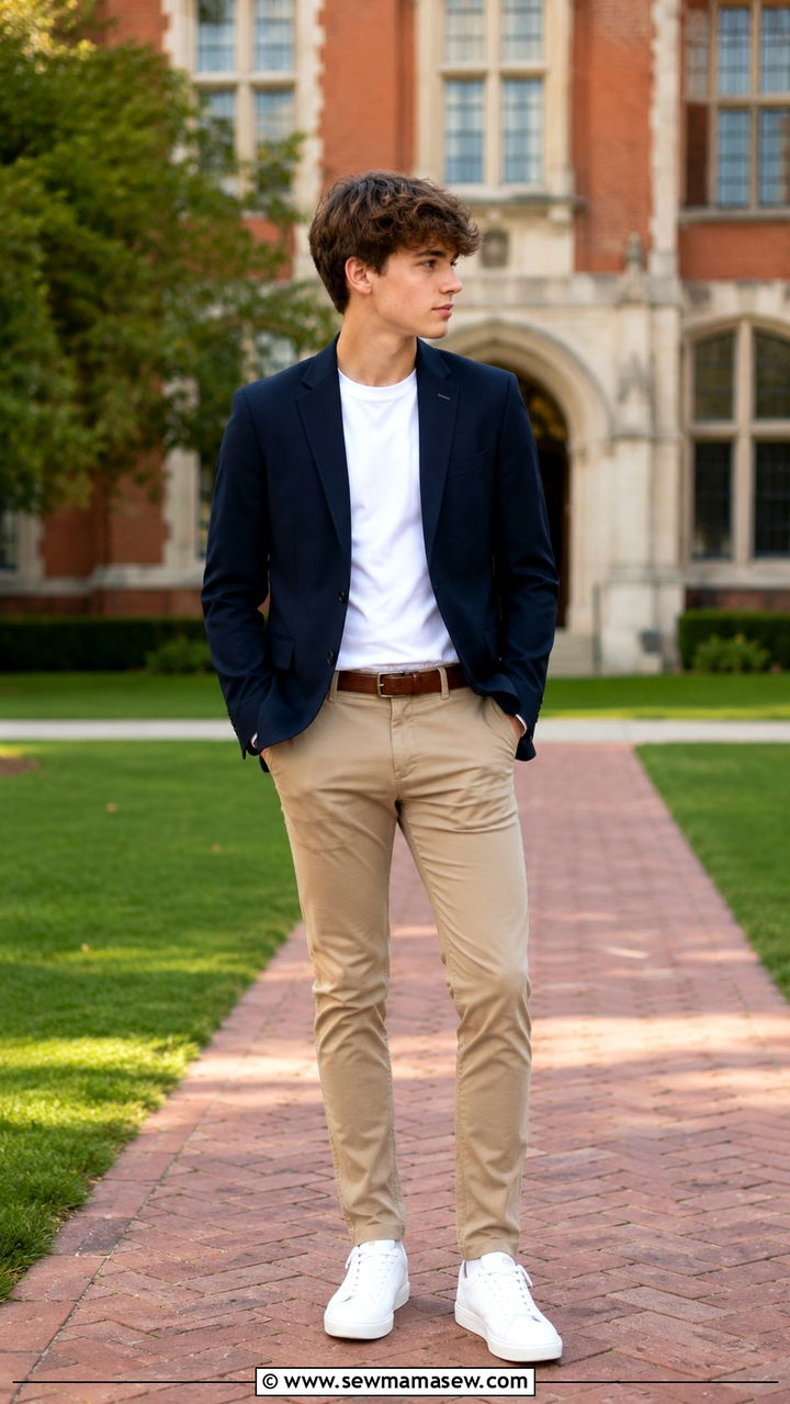 Navy Blazer With White Tee and Chinos - 20 Private school outfit ideas teens