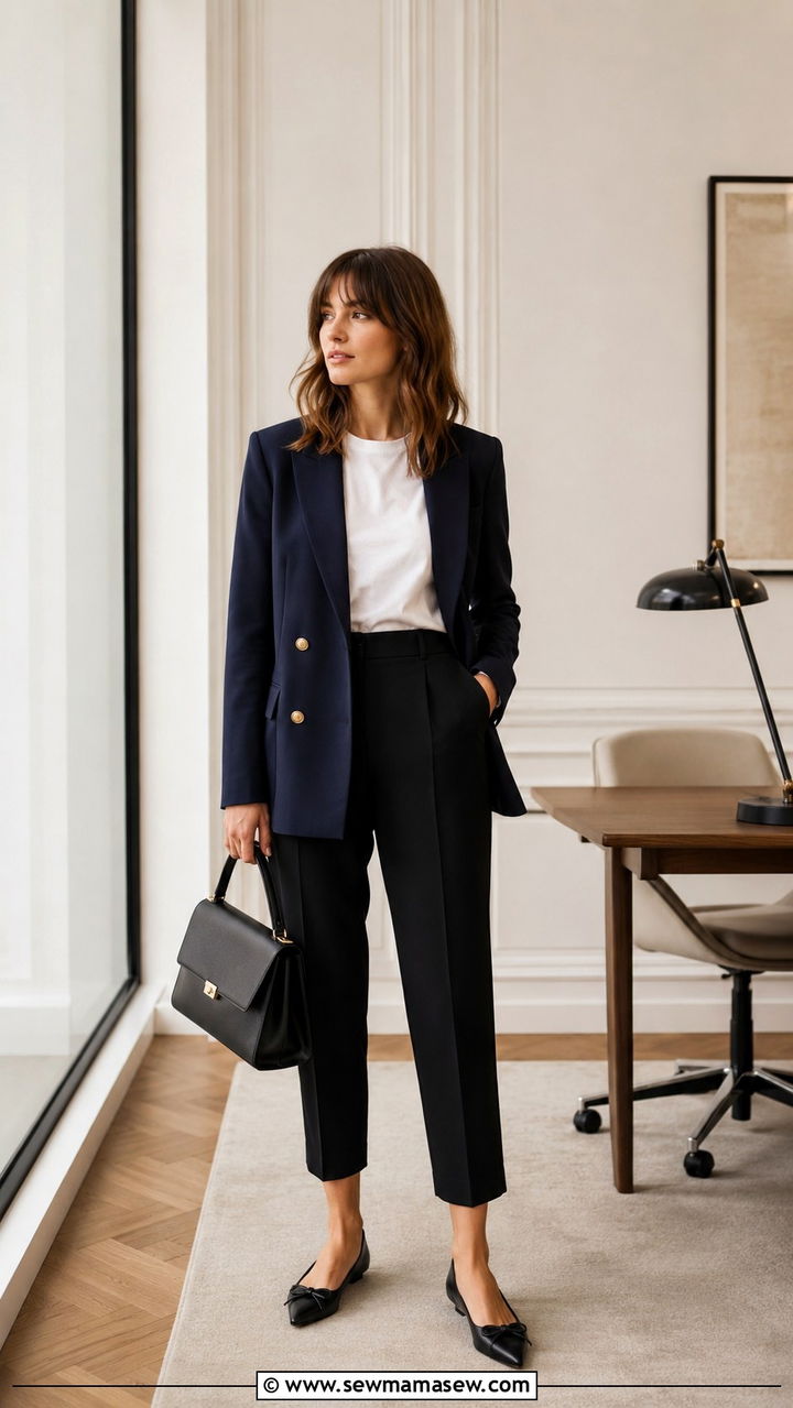 Navy Blazer With White Tee and Cropped Trousers - 30 parisian capsule wardrobe outfits