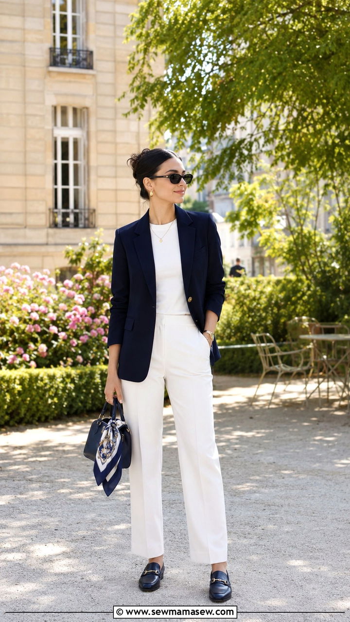 Navy Blazer With White Trousers - 30 Modest outfit ideas Parisian