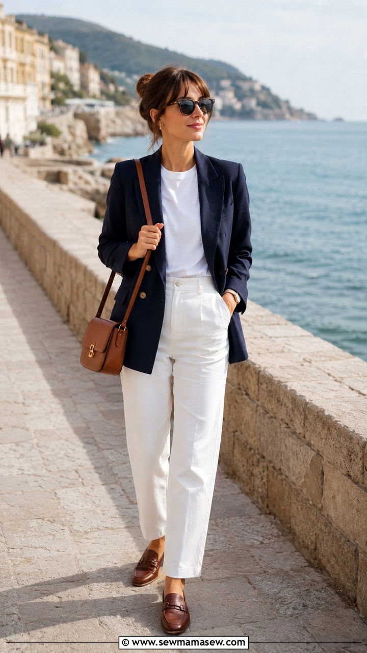 Navy Blazer With White Trousers - 30 classy parisian outfit ideas