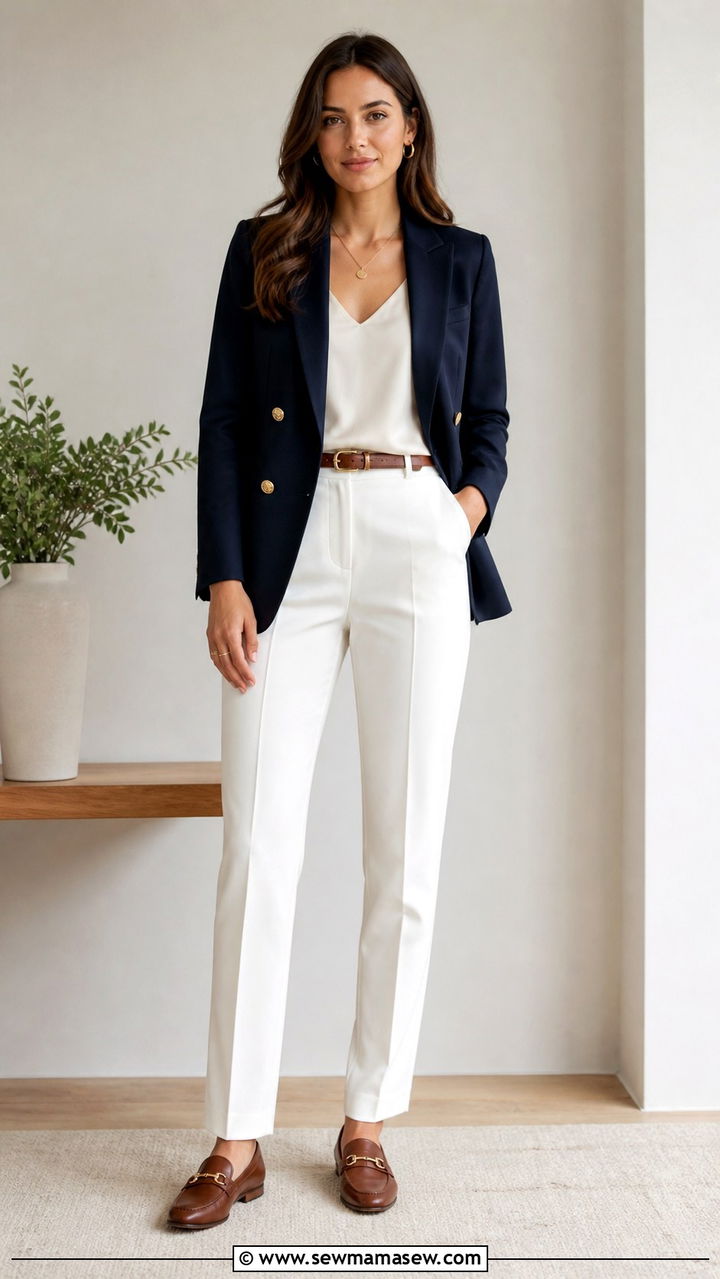 Navy Blazer With White Trousers And Brown Accessories - 40 casual work outfits