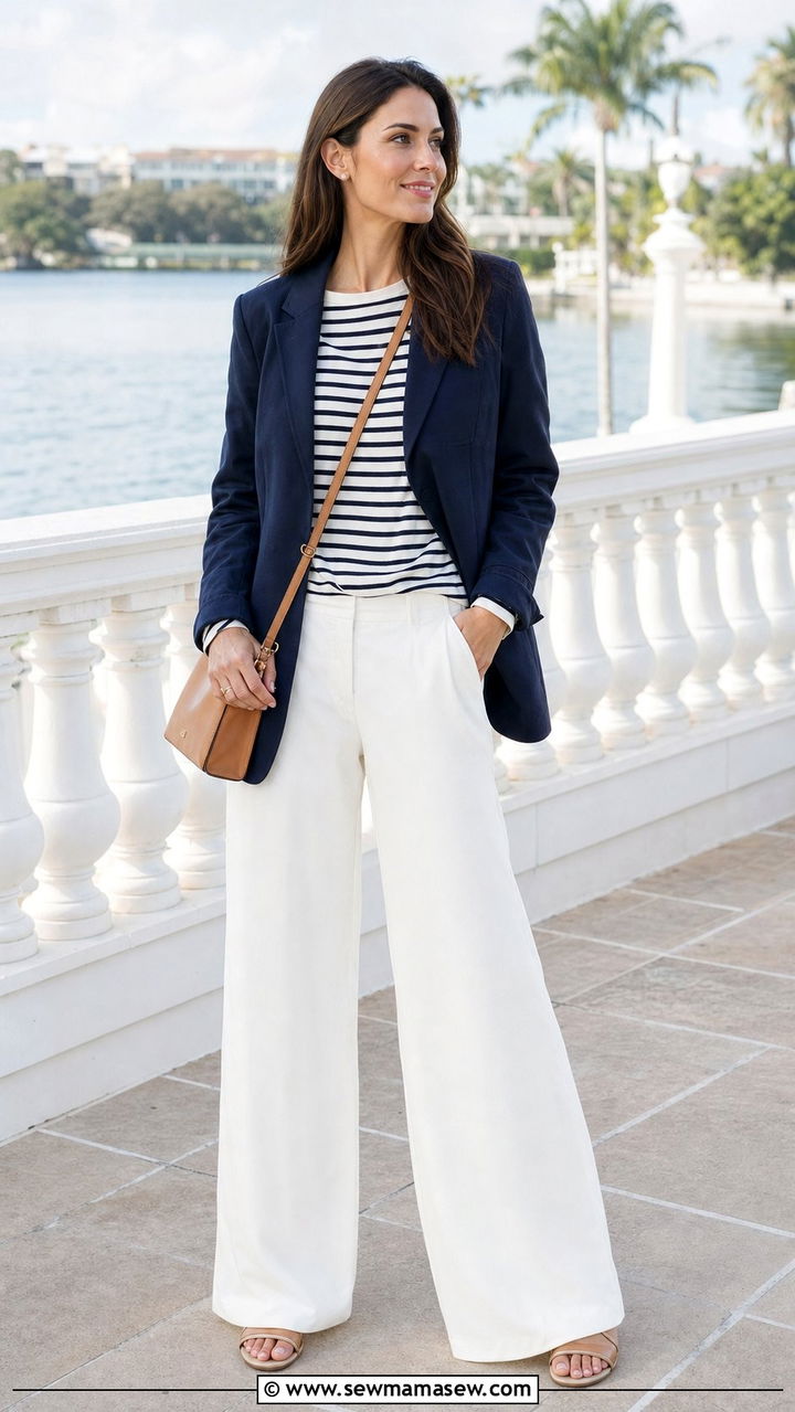 Navy Blazer With White Wide Leg Trousers And Striped Top - 25 spring coastal grandmother outfit ideas