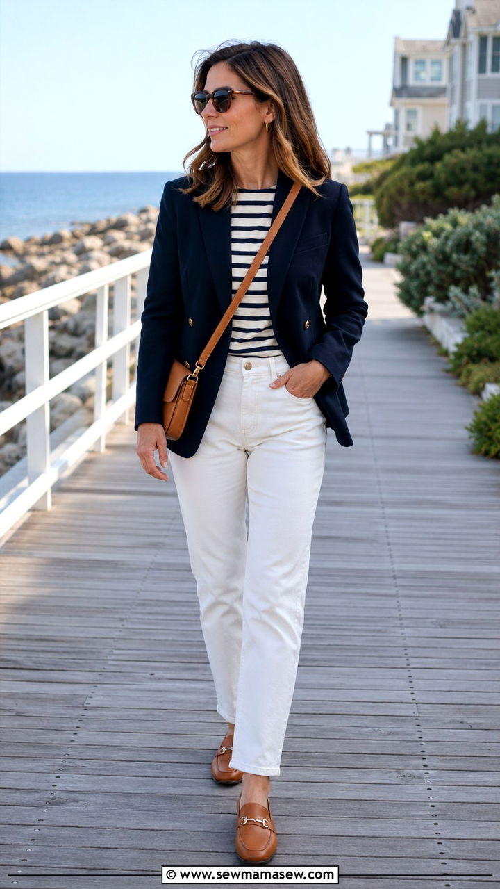 Navy Blazer With a Striped Breton Top and White Jeans - 30 classy Pinterest outfits