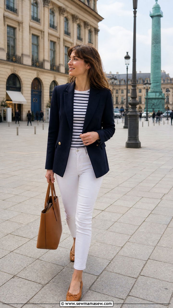 Navy Blazer With a Striped Tee and White Skinny Jeans - 35 French girl spring outfit ideas