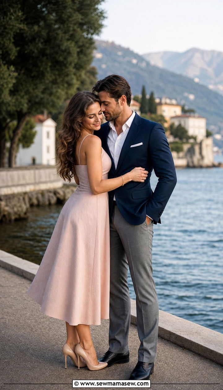 Navy Blazer and Blush Dress - 25 Couples photo outfit ideas 2026