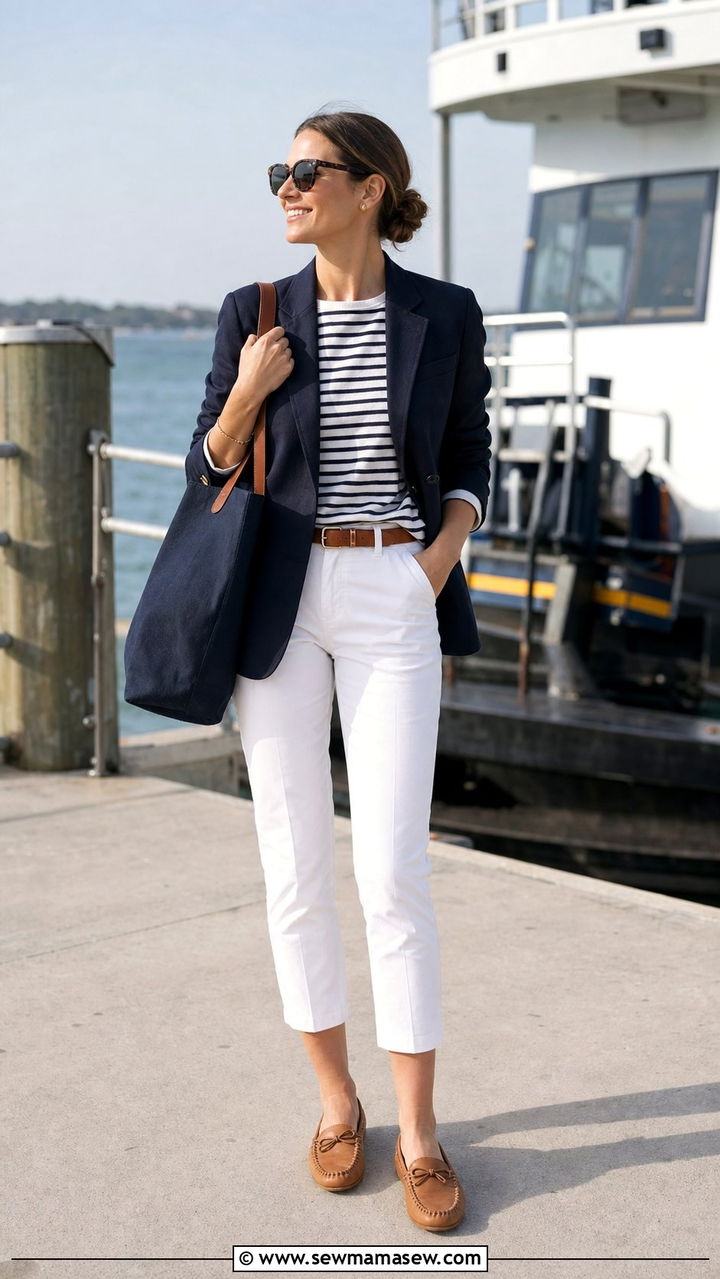 Navy Blazer and Breton Stripe Top - 25 Coastal grandmother outfits 2026