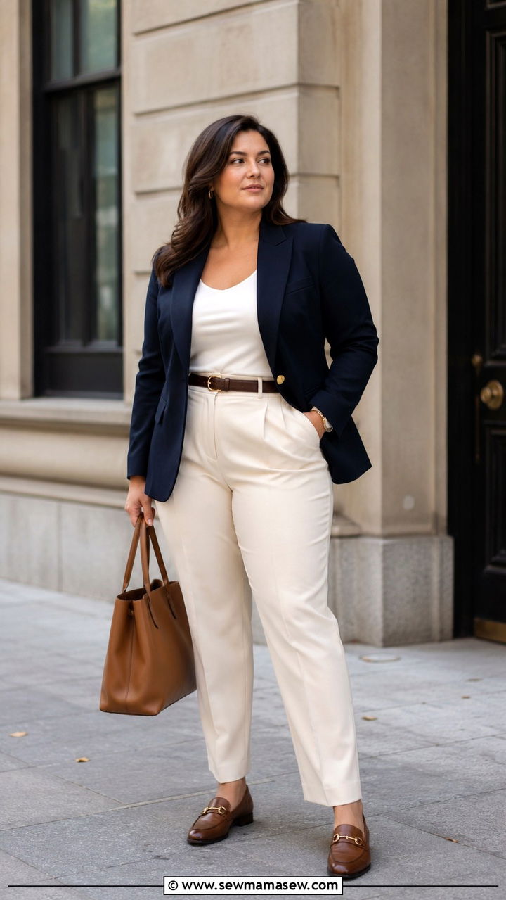 Navy Blazer and Cream Trousers Outfit - 30 Old money outfits for curvy women