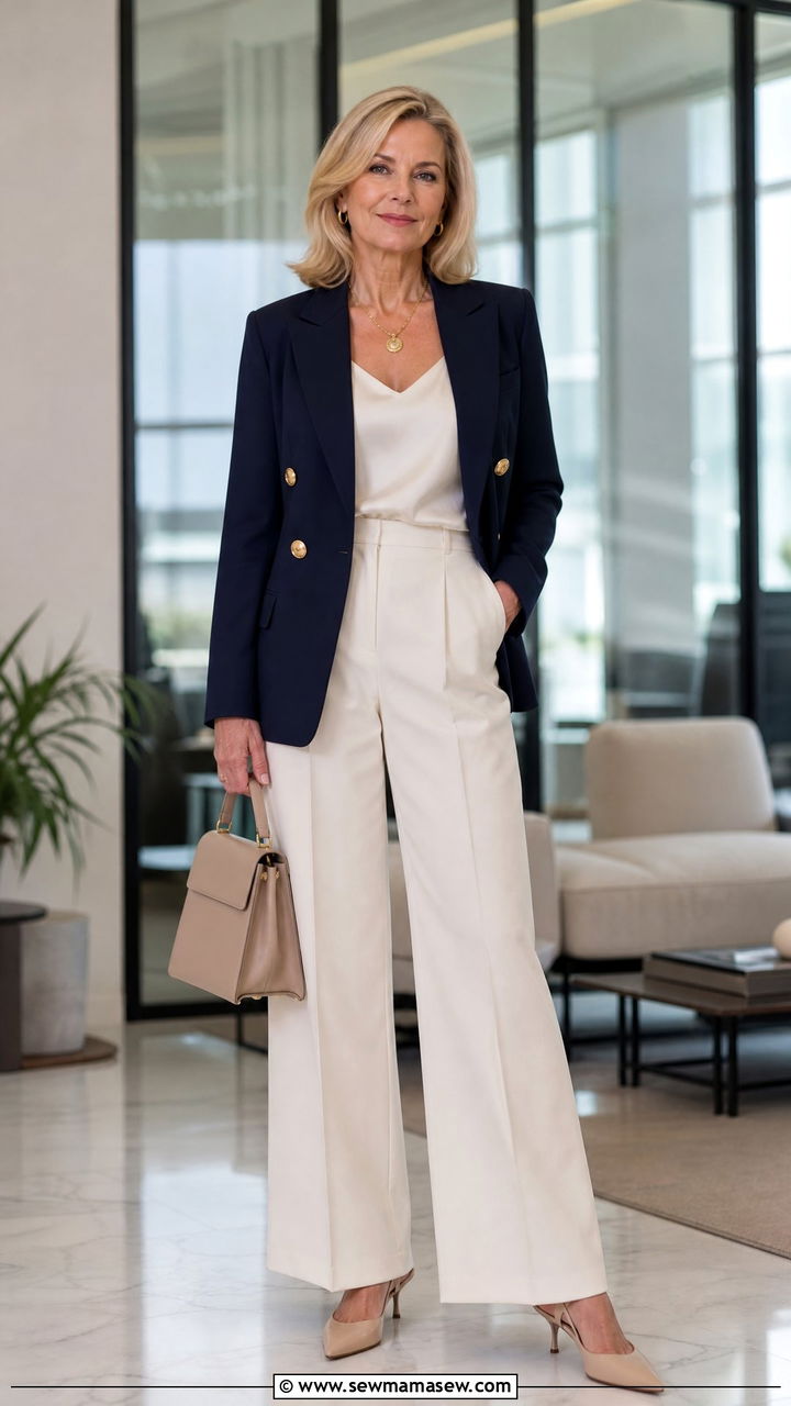 Navy Blazer and Cream Wide Leg Trousers - 30 Quiet luxury outfits for women over 50