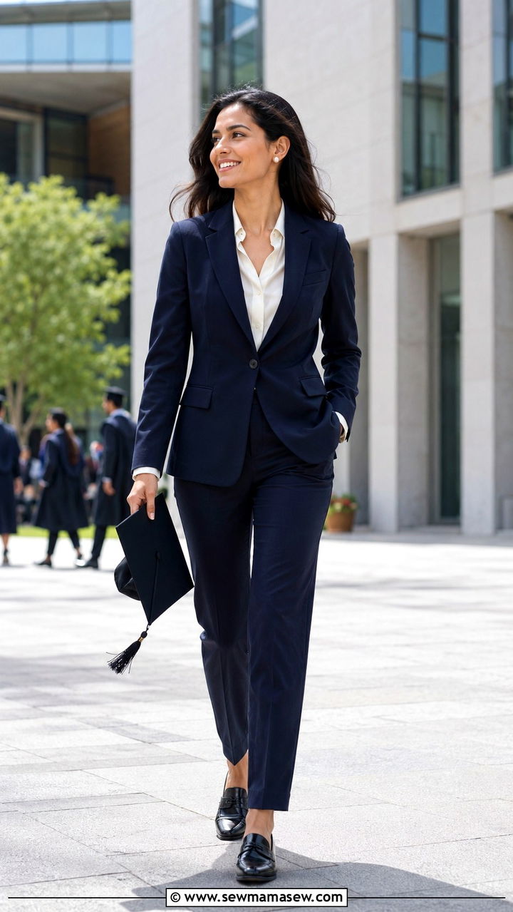 Navy Blazer and Tailored Trousers Graduation Outfit - 30 MBA graduation outfit ideas