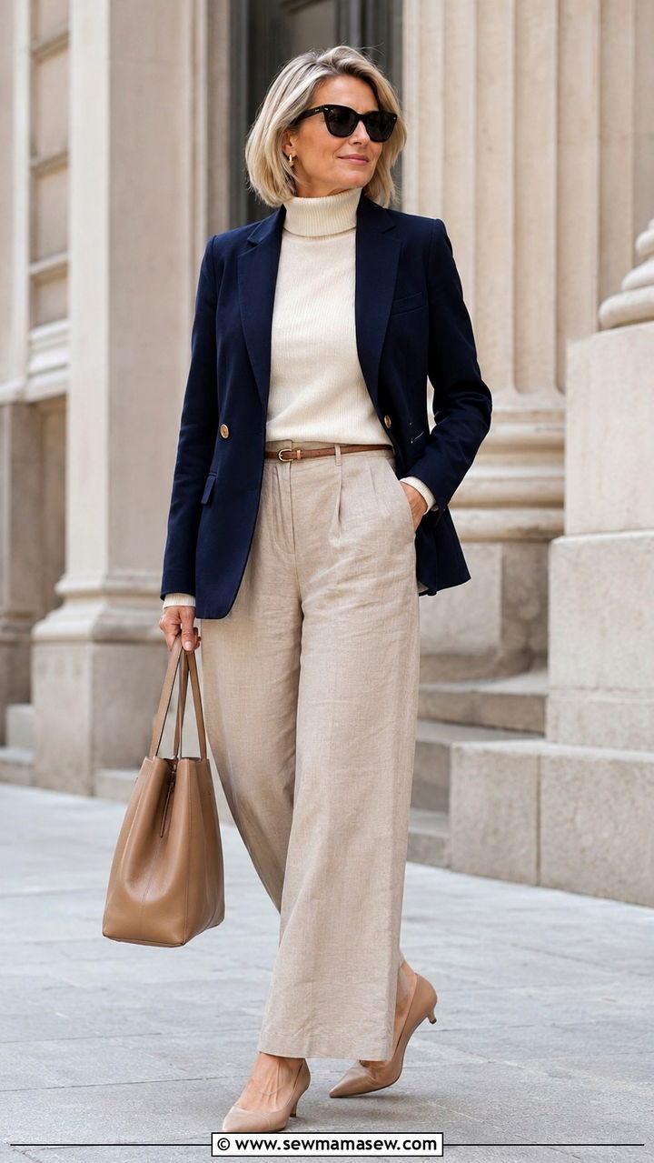 Navy Blazer and Turtleneck Outfit - 30 Parisian outfits for women over 60