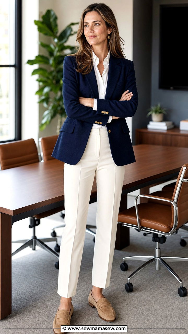 Navy Blazer and White Button Down Outfit - 25 Stealth wealth outfit ideas for women over 40