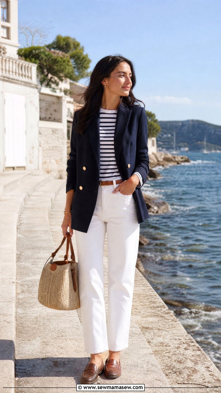 Navy Blazer and White Jeans - 25 Old money outfit ideas with jeans