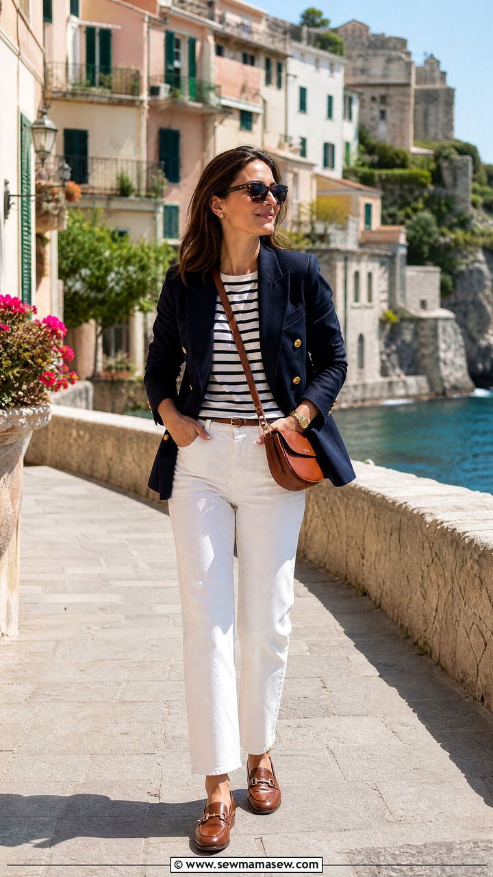 Navy Blazer and White Jeans with Loafers - 30 classy Europe travel outfits