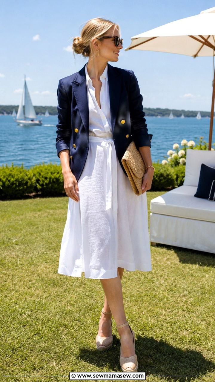 Navy Blazer and White Linen Dress with Espadrille Wedges - 30 old money capsule wardrobe outfits
