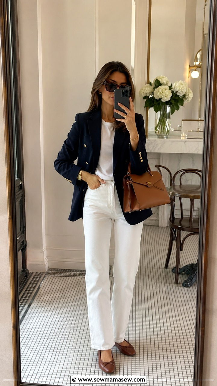 Navy Blazer and White Straight Leg Jeans - 30 Brunch outfit ideas old money style