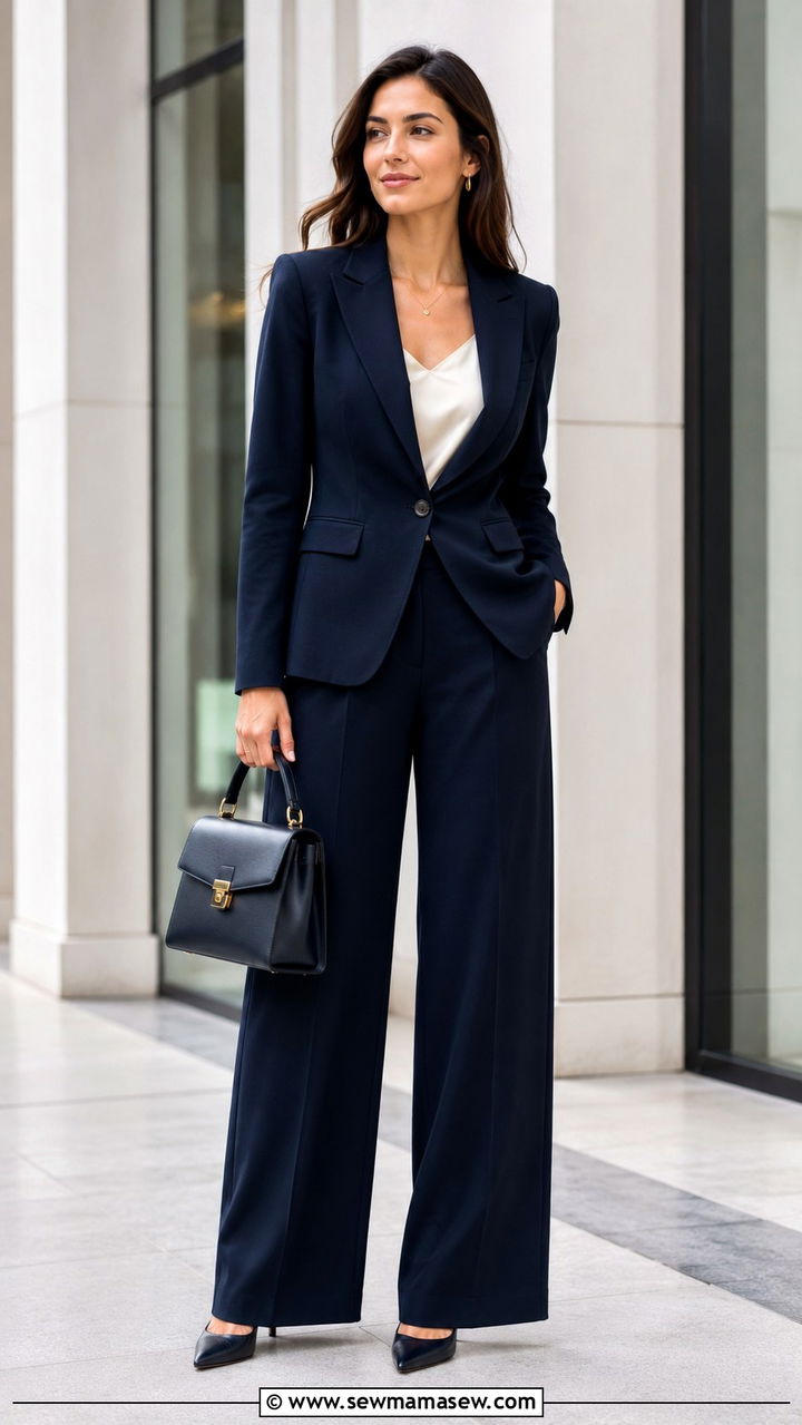 Navy Blazer and Wide Leg Trousers Set - 30 Monochromatic navy outfits