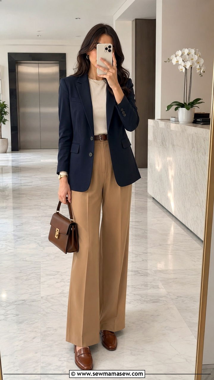 Navy Blazer and Wide Leg Trousers with Loafers - 30 Modest outfit ideas for working mom