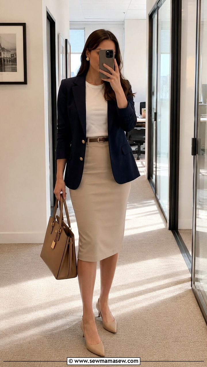 Navy Blazer with Beige Midi Skirt Outfit - 30 Legal secretary outfit ideas