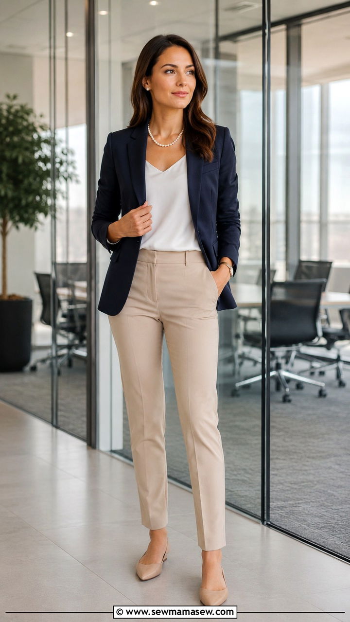 Navy Blazer with Beige Trousers and Pearl Accessories - 20 Financial advisor outfit ideas