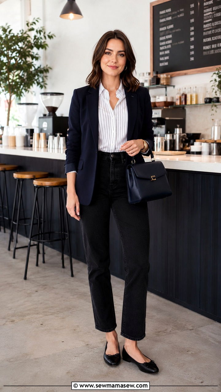 Navy Blazer with Black Jeans and Ballet Flats - 25 Black jeans outfit ideas with a blazer