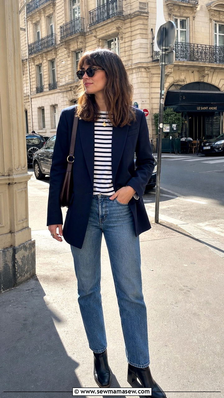 Navy Blazer with Breton Striped Tee and Straight Leg Jeans - 40 Parisian outfit ideas