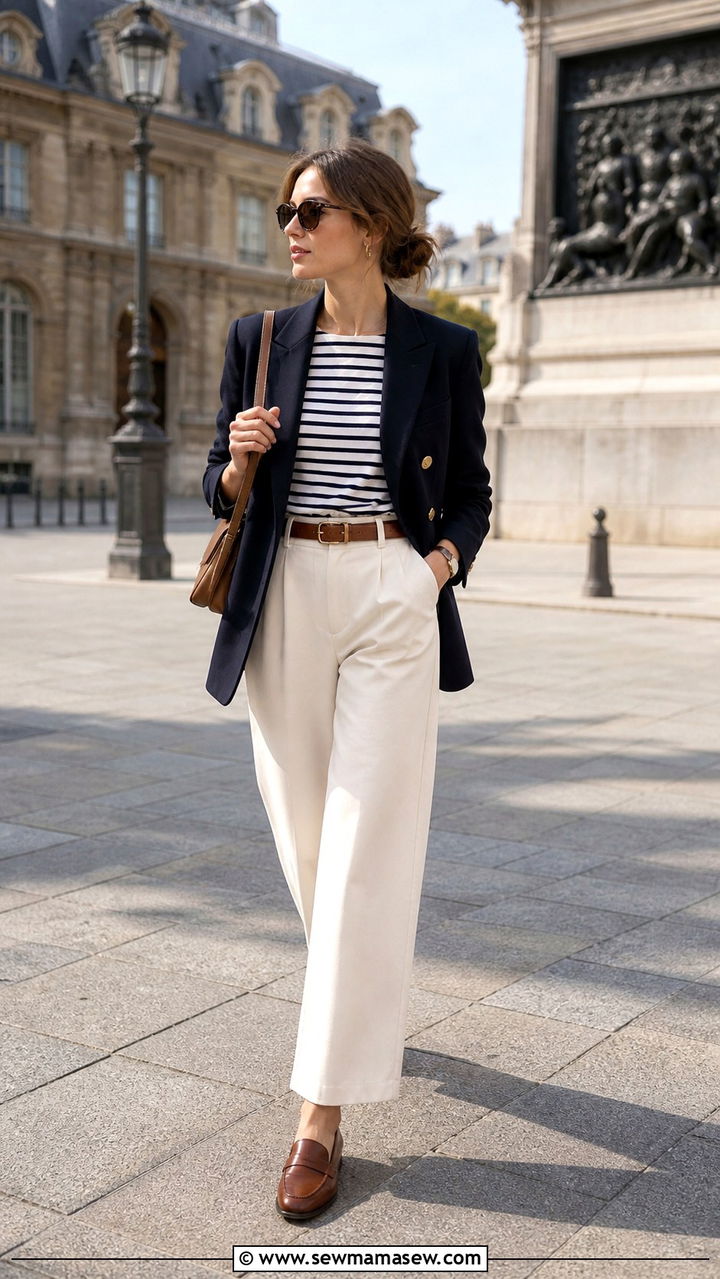 Navy Blazer with Breton Top and Trousers - 40 parisian outfits for women