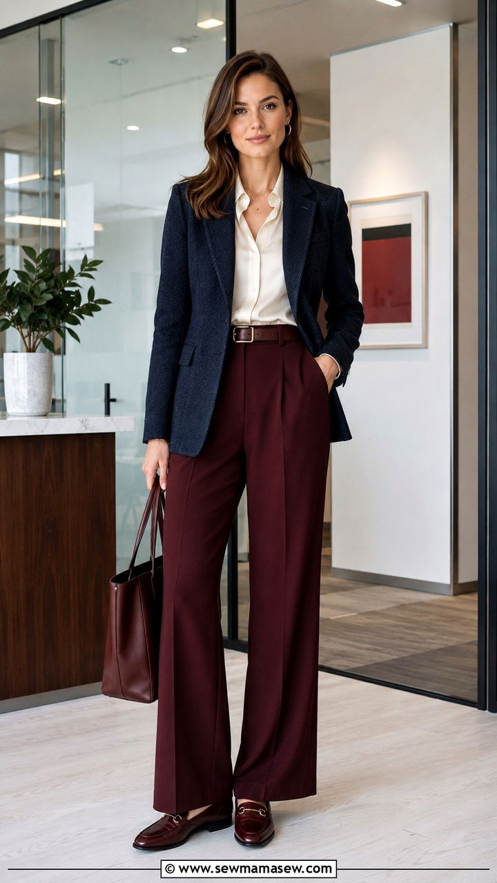 Navy Blazer with Burgundy Trousers - 25 Navy and burgundy outfit ideas