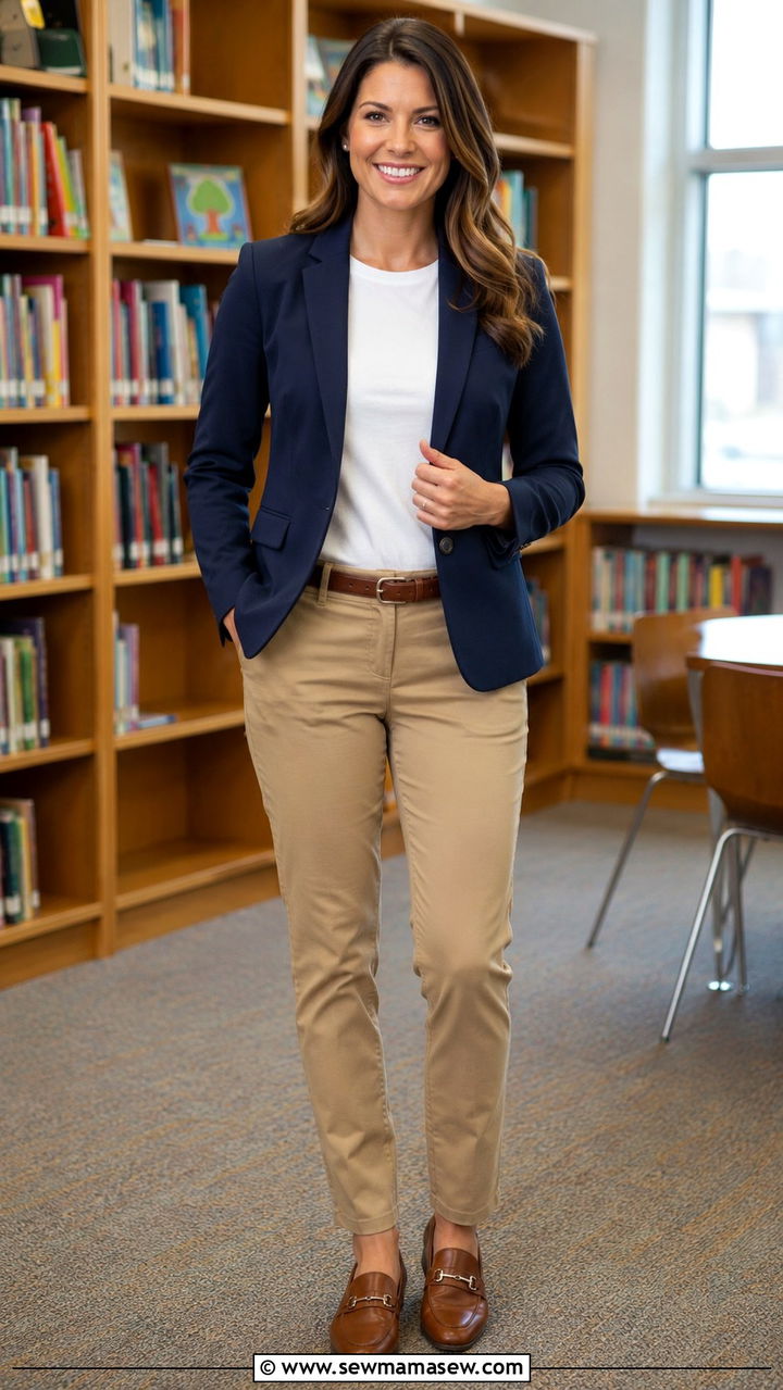 Navy Blazer with Chinos and Loafers Outfit - 30 teacher outfits 2026