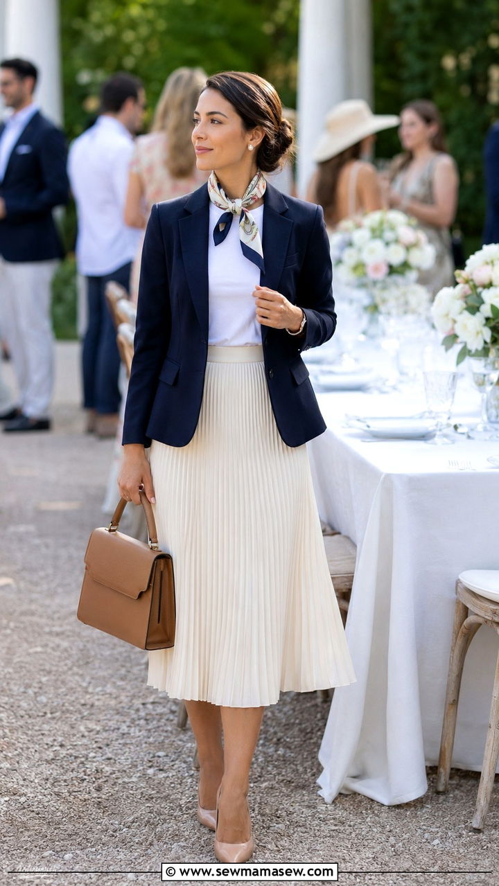 Navy Blazer with Cream Pleated Midi Skirt for Petites - 30 Old money outfit ideas petite
