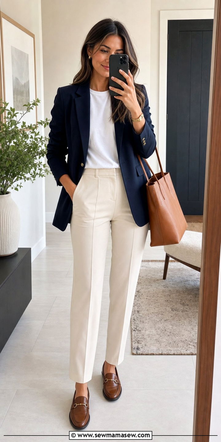 Navy Blazer with Cream Trousers Outfit - 25 elegant outfits inspo