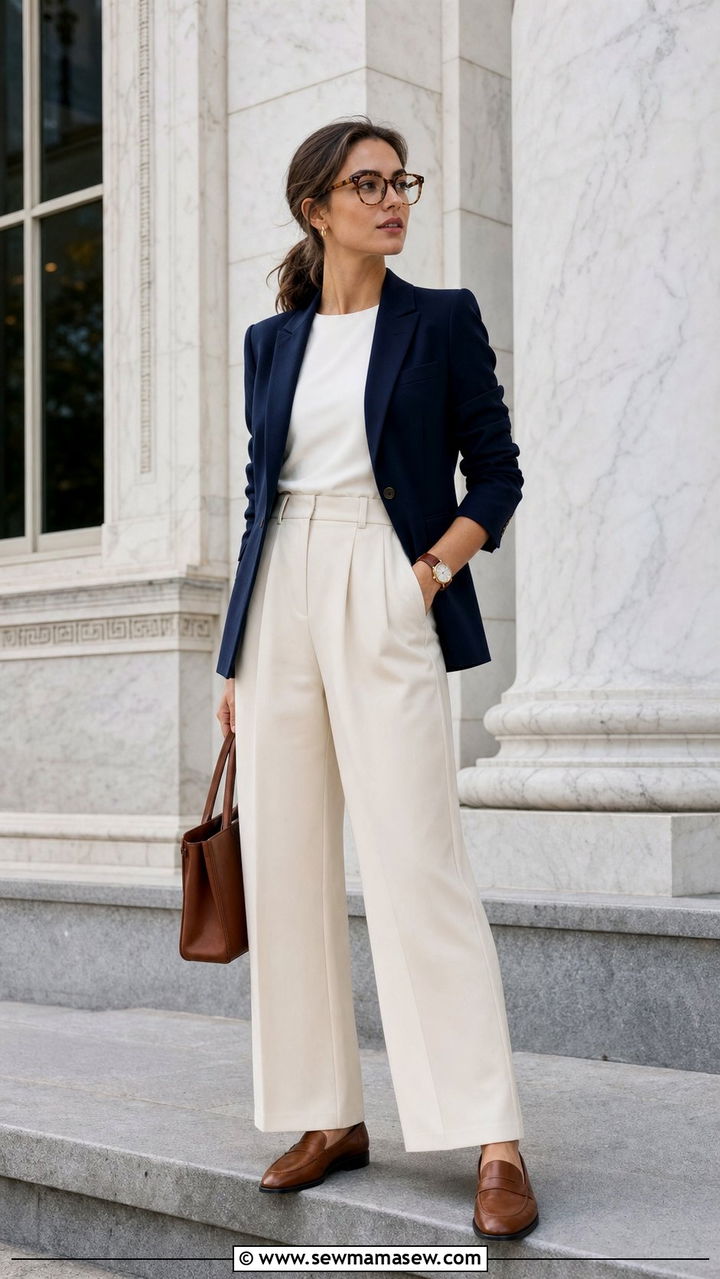 Navy Blazer with Cream Trousers - 25 cute light academia outfits
