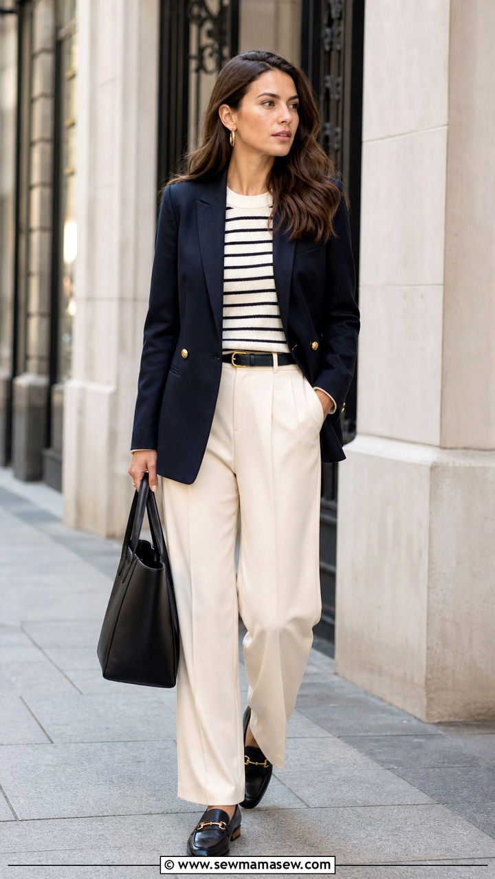 Navy Blazer with Cream Wide Leg Trousers and Leather Loafers - 40 office outfits ideas